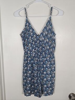 Blue Rain Mini Romper M Blue White Spaghetti Strap Pockets Lined Back Tie Boho